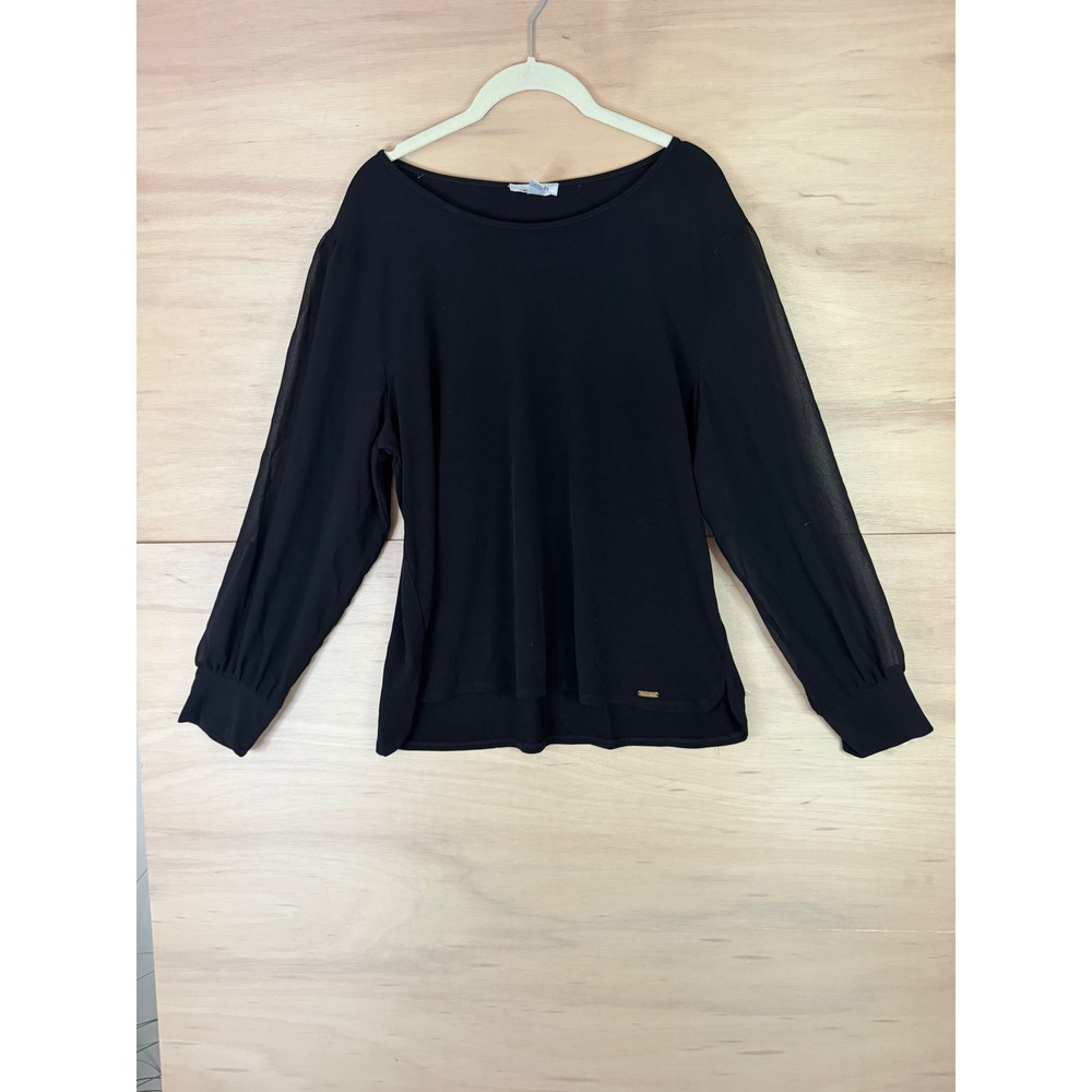 Calvin Klein Womens Large Black Sheer Chiffon Long Sleeve Mixed Media Top